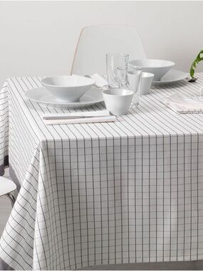 IKEA White Tablecloth with Gray Grid Pattern